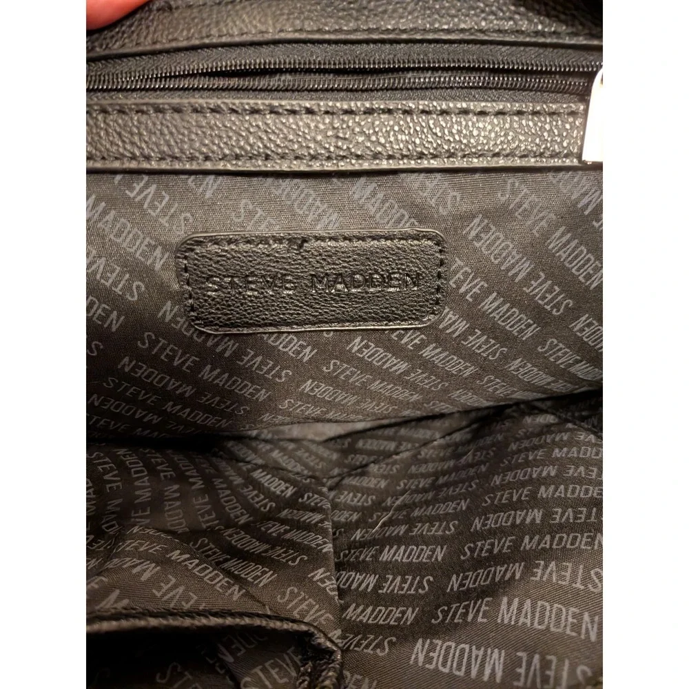 Steve Madden Black Logo Print Pebbled Leather Backpack Front Zip Pockets